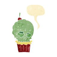 cartoon spooky skull cupcake with speech bubble N2