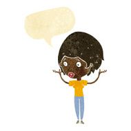 cartoon woman raising hands in air with speech bubble N3
