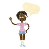cartoon waving woman with speech bubble N8