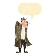 cartoon man in hat and trench coat with speech bubble N2