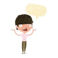 cartoon woman holding arms in air with speech bubble N2