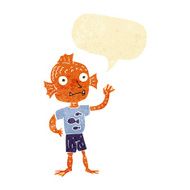 cartoon waving fish boy with speech bubble N2