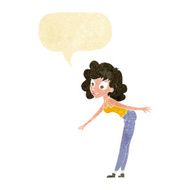 cartoon woman reaching to pick something up with speech bubble N2