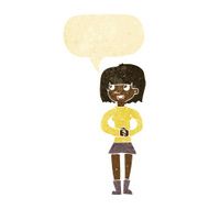 cartoon friendly woman with speech bubble N7