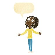 cartoon curious woman looking upwards with speech bubble N2