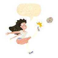 cartoon female soccer player kicking ball with speech bubble N2