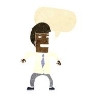 cartoon nervous businessman with speech bubble