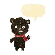 cartoon waving black bear cub with scarf speech bubble