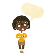 cartoon woman making Who Me? gesture with speech bubble N4