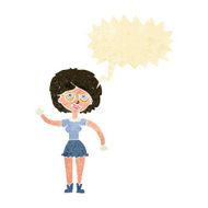 cartoon waving woman wearing spectacles with speech bubble N2