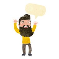 cartoon happy bearded man waving arms with speech bubble N2