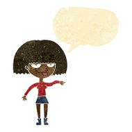 cartoon smug woman making dismissive gesture with speech bubble