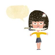 cartoon woman with knife between teeth speech bubble N2