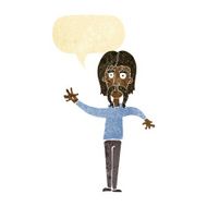 cartoon waving man with mustache speech bubble