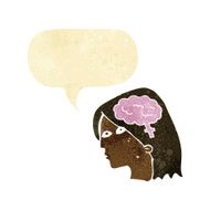 cartoon female head with brain symbol speech bubble