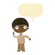 cartoon boy giving peace sign with speech bubble