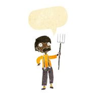 cartoon farmer with pitchfork speech bubble
