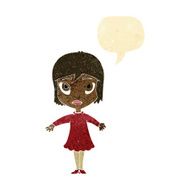 cartoon girl in dress with speech bubble