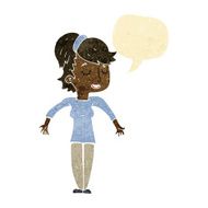 cartoon friendly woman shrugging shoulders with speech bubble