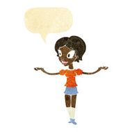 cartoon woman with arms spread wide speech bubble