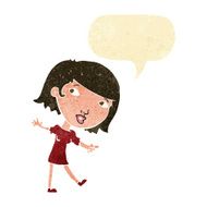 cartoon happy girl gesturing to follow with speech bubble N2