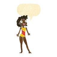 cartoon woman in swimming costume with speech bubble