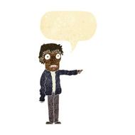 cartoon terrified man pointing with speech bubble