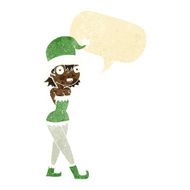 cartoon woman in christmas elf costume with speech bubble