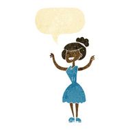 cartoon woman with raised arms speech bubble
