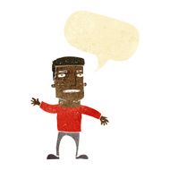 cartoon waving stressed man with speech bubble