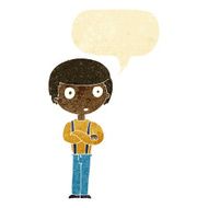 cartoon staring boy with folded arms speech bubble