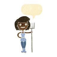 cartoon happy farmer girl with speech bubble