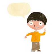 cartoon boy giving peace sign with speech bubble N2