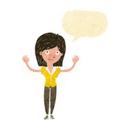 cartoon woman holding up hands with speech bubble N3