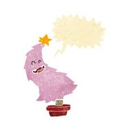 cartoon dancing christmas tree with speech bubble