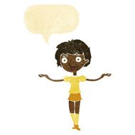 cartoon woman spreading arms with speech bubble