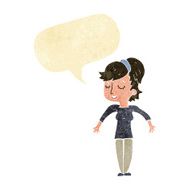 cartoon friendly woman shrugging shoulders with speech bubble N2