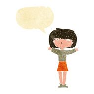 cartoon woman raising arms in air with speech bubble N2