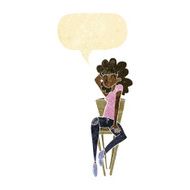 cartoon woman posing on chair with speech bubble
