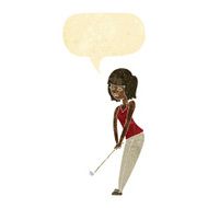 cartoon woman playing golf with speech bubble N3