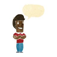 cartoon man with folded arms grinning speech bubble