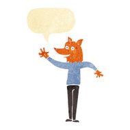 cartoon waving fox man with speech bubble