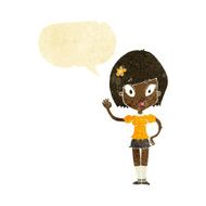 cartoon pretty girl waving with speech bubble N3