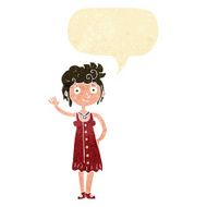 cartoon hippie woman waving with speech bubble N2