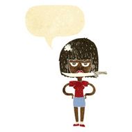 cartoon woman with knife between teeth speech bubble N3