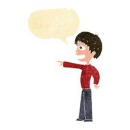 cartoon grinning boy pointing with speech bubble N2