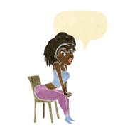 cartoon woman posing on chair with speech bubble N2