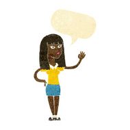 cartoon pretty woman waving with speech bubble N6