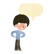 cartoon happy boy with hands on hips speech bubble
