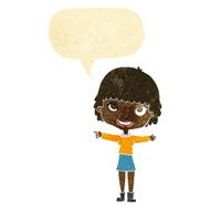 cartoon happy woman pointing with speech bubble N6